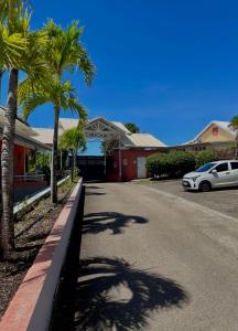 a street with palm trees and a car parked in a driveway at Lever du soleil in La Trinité