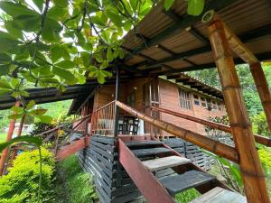 a wooden house with a staircase in front of it at Ecohotel La Italia- Hotel Venecia, Antioquia in Venecia