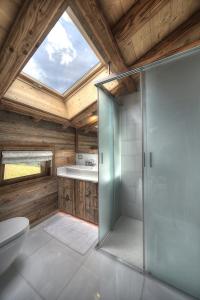 a bathroom with a shower and a toilet and a window at Chalet Norel in Les Houches +29 photos