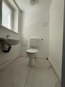 a white bathroom with a toilet and a sink at Cici Monteurunterkünfte Altena City Wohnung für Handwerker in Altena
