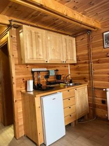 a kitchen with wooden cabinets and a white refrigerator at Princess Jana Apartments in Selišta