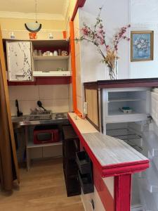 a small kitchen with a red bench in a room at Daghsen in Nice