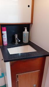 a bathroom counter with a sink and a bottle of soap at LUNA BAY, voilier 3 cabines 2 sdb en ville in Sète +11 photos