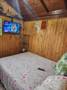 ein Schlafzimmer mit einem Bett und einem Fernseher an der Wand in der Unterkunft Cabana Hostel nas Árvores EcoPark in São Pedro