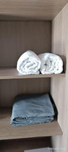 two towels on a shelf in a closet at Sobrado Completo Belíssima in Pelotas +60 photos