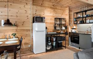 a kitchen with a white refrigerator and a table at Awesome Home In Gedser With Wifi in Gedser