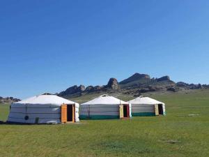 three tents in a field with mountains in the background at 1000 Starlight Steppe Camp in Ulaanhudag