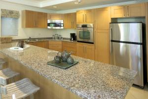 a kitchen with a granite counter top and a refrigerator at Palm Beach 110 condo in Bridgetown