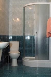 a bathroom with a shower and a toilet and a sink at Hotel Kujawy in Włocławek