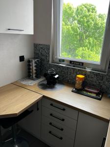 a kitchen with a counter with a window in it at ZieloneMistrzejowice in Kraków +2 photos