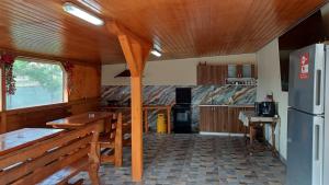 a kitchen with a table and a refrigerator at Casa Anda in Murighiol