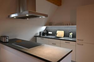 a kitchen with a stove and a counter top at Guesthouse-Coburg 3 in Großheirath