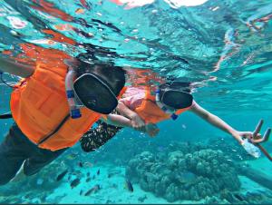a person in the water with goggles and a coral reef at Kimo Resort Pulau Banyak Aceh Singkil in Alaban
