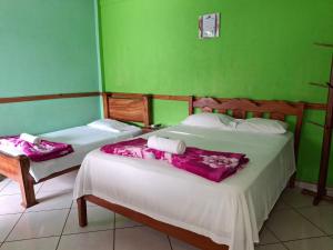 two beds in a room with green walls at Cabinas Liz in Veintisiete de Abril