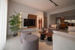 a living room with a couch and a tv at Pantheon Suites Gaitis in Nafplio