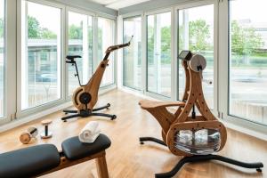 ランスにあるHoliday Inn Express & Suites Reims - Rives de Vesle by IHGの窓付きの客室にエアロバイク2台が備わるジムが備わります。