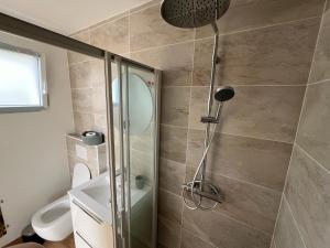 a shower with a glass door in a bathroom at Studio neuf avec Terasse Jardin in Seignosse