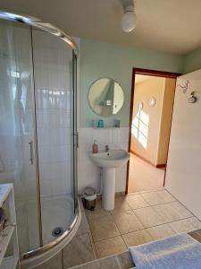 a bathroom with a shower and a sink at Chambre de Ninon - Le Refuge des Parachutistes - en bordure du marais in Neuville-au-Plain