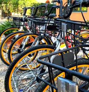 a row of bikes parked next to each other at Hotel B&B Des Bains Milano Marittima in Milano Marittima
