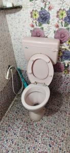 a bathroom with a toilet in a room with flowers at Sri Annai Home Stay III in Tiruvannāmalai +17 photos