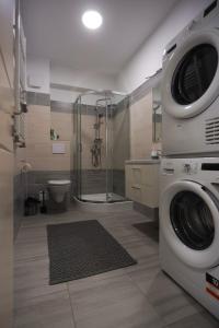 a bathroom with a washing machine and a shower at The Chic Loft QResidence in Iaşi