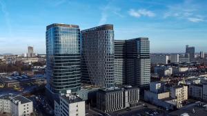 an aerial view of a city with tall buildings at The Final Countdown in Katowice
