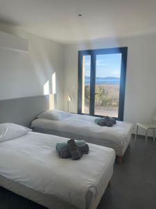 three beds in a room with a large window at Casa Turrigiani in Sagone +103 photos
