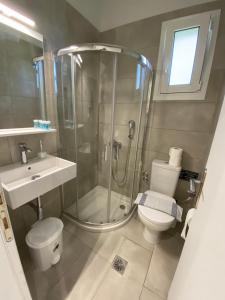 a bathroom with a shower and a toilet and a sink at Villa Panorama Astrakeri Beach in Astrakeri +42 photos