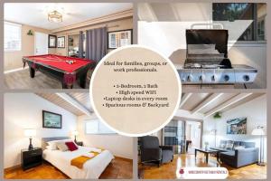 eine Collage aus Bildern eines Raumes mit einem Billardtisch in der Unterkunft New Gateway to SFO - King Bed - BART 10 min walk in Hayward