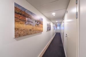 a hallway with paintings on the wall in a hospital at Kuukkeli Saariselkä Inn in Saariselka +26 photos