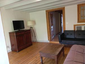 a living room with a couch and a tv at Maison du bourg in Mayres