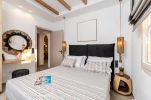 a bedroom with a large bed and a mirror at Ruby of Naxos Residences in Kastraki