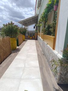a walkway outside of a building with potted plants at Hostal Fuente del Pino in Jumilla