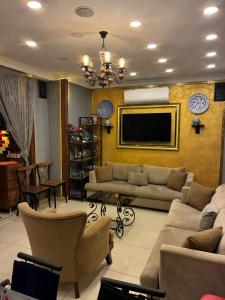 a living room with a couch and a flat screen tv at Grey House Apartments & Suites Istanbul in Istanbul