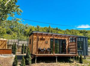 a tiny house with glass doors in a yard at Elysian Fields - Amber Tiny House in Sadu