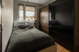 a bedroom with a large bed and a window at Hexagon Studio Comfort in Gdańsk