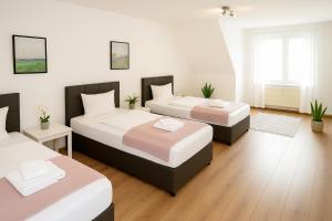 2 Betten in einem kleinen Zimmer mit 2 Tischen in der Unterkunft SUNNYHOME Monteurwohnungen und Apartments nahe Regensburg in Nittendorf + 2 Fotos