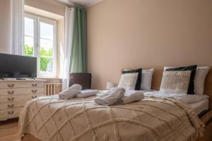 a bedroom with a bed with pillows and a television at Naptun Old Town by Alqueen Apartments in Gdańsk