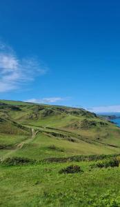 ein grüner Hügel mit blauem Himmel und grünem Gras in der Unterkunft roof tops apartment in Ilfracombe