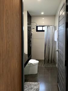 パンガン島にあるBaan Sam3 studio in Thong Salaのトイレとシャワー付きのバスルーム