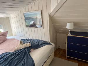 Un dormitorio con una cama con una manta azul. en Higly rated superhost in citycenter, en Tønsberg 19 fotos más