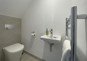 a white bathroom with a toilet and a sink at Mill House in Braithwaite +39 photos