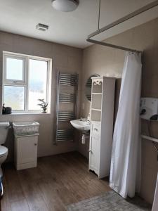 a bathroom with a sink and a toilet and a mirror at Lackaghmore House in Portnoo +16 photos