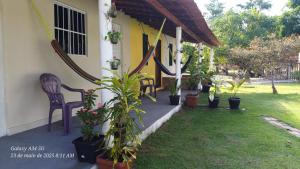 巴雷里尼亚斯Brito Hospedagem的一个带椅子和植物的门廊