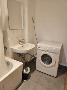 a bathroom with a washing machine and a sink at Leuna bei Leipzig & Halle - 2 Apartments mit je 3 Schlafzimmern, Küche, Bad in Leuna +39 photos