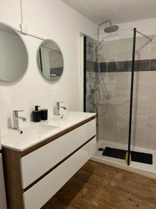 a bathroom with a sink and a shower at La ferme  +4 photos