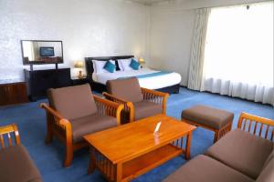 a hotel room with a bed and a table and chairs at Platinum Hotel in Addis Ababa