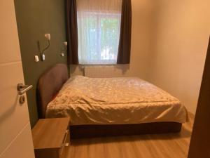 Una cama pequeña en una habitación con ventana. en Haus Merten, en Arnstadt
