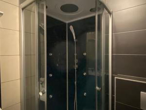 una ducha con puerta de cristal en un baño en Haus Merten, en Arnstadt