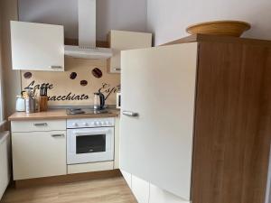 Una cocina con un refrigerador blanco y una estufa. en Haus Merten, en Arnstadt 9 fotos más